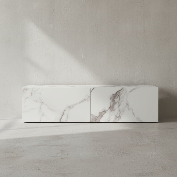 Lowboard Hängend Marmor-Optik 120x30x30 cm TV-Schrank - Design Fernsehtisch mit Klapptüren Modern - Fernsehschrank Wand - TV-Kommode Fernsehkommode zum Aufhängen_