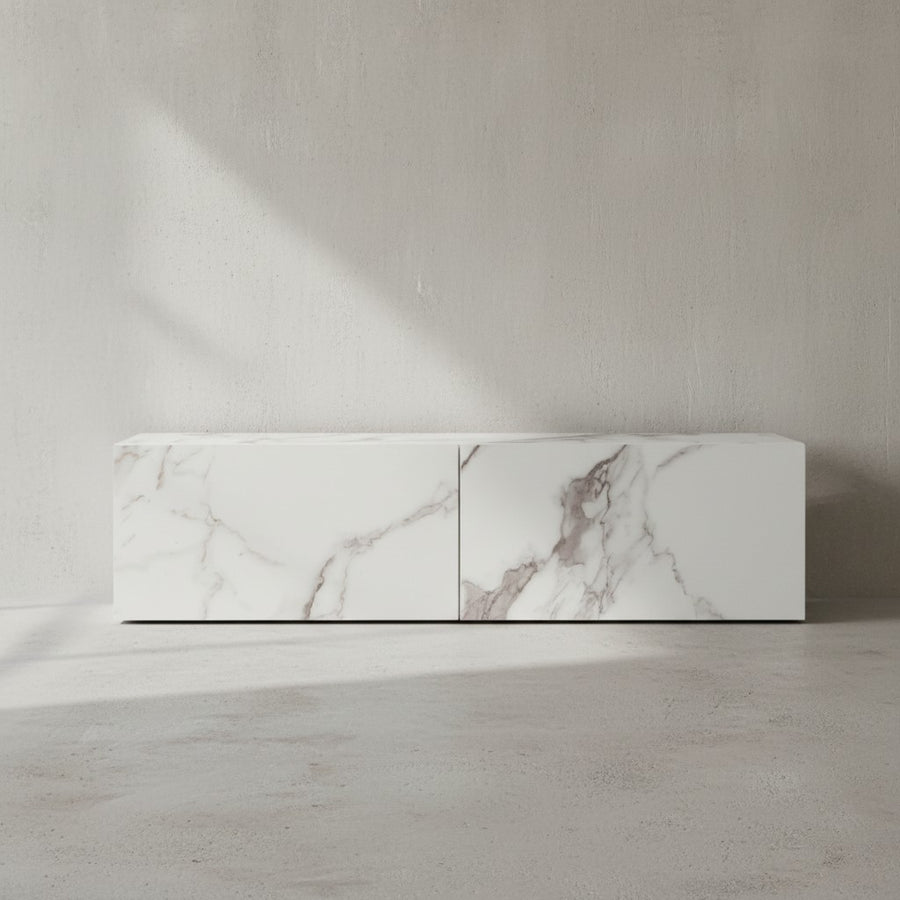 Lowboard Hängend Marmor-Optik 120x30x30 cm TV-Schrank - Design Fernsehtisch mit Klapptüren Modern - Fernsehschrank Wand - TV-Kommode Fernsehkommode zum Aufhängen_