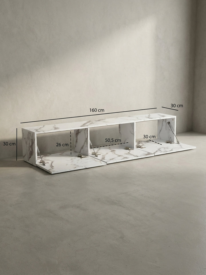 Technische Zeichnung des TV-Schranks mit genauen Maßen: 160 cm Breite, 30 cm Höhe und 30 cm Tiefe, ideal für die Planung des Wohnbereichs._