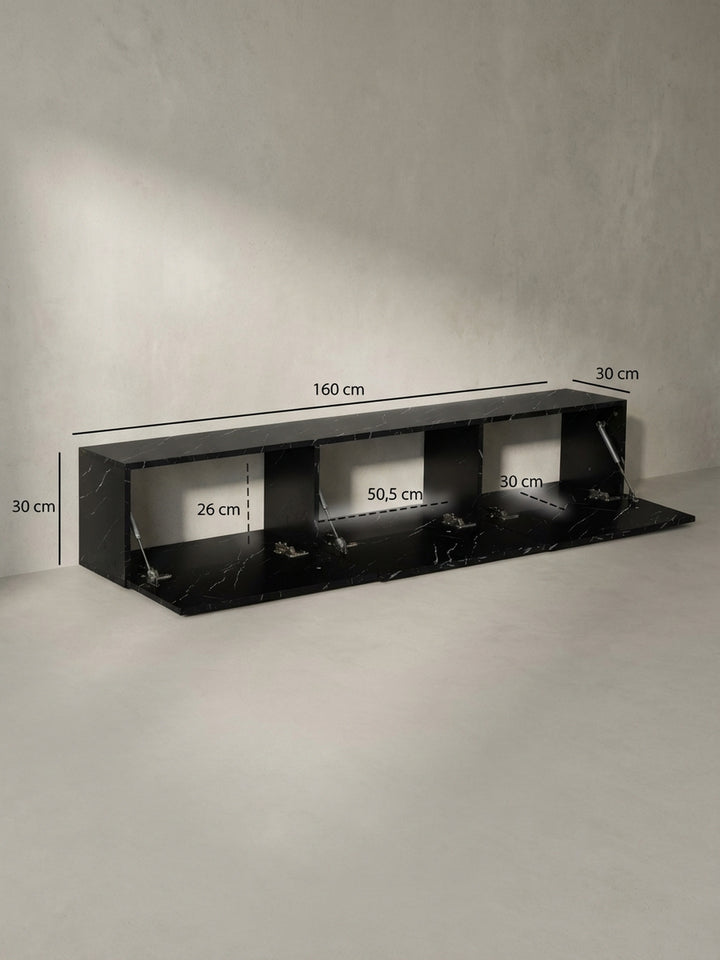Technische Zeichnung des TV-Lowboards mit genauen Maßangaben: 160 cm Breite, 30 cm Höhe und 30 cm Tiefe, ideal für die Planung im Wohnzimmer._