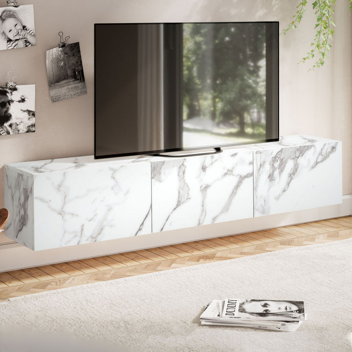 TV-Lowboard hängend groß, Marmor-Optik, Klapptüren, modern