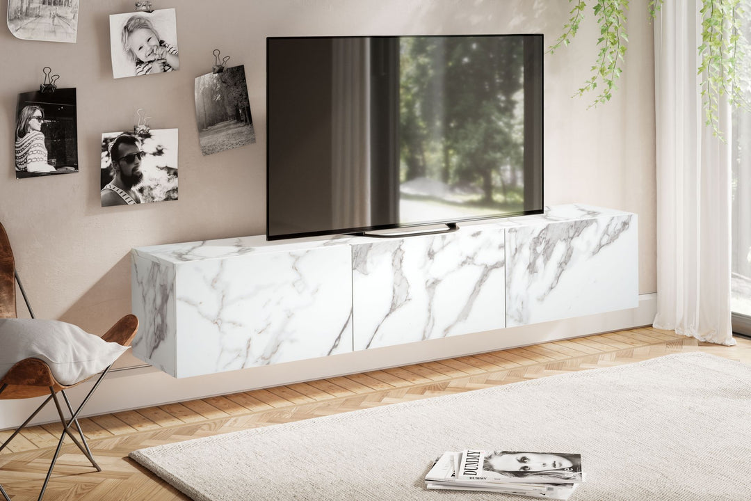 TV-Lowboard hängend groß, Marmor-Optik, Klapptüren, modern