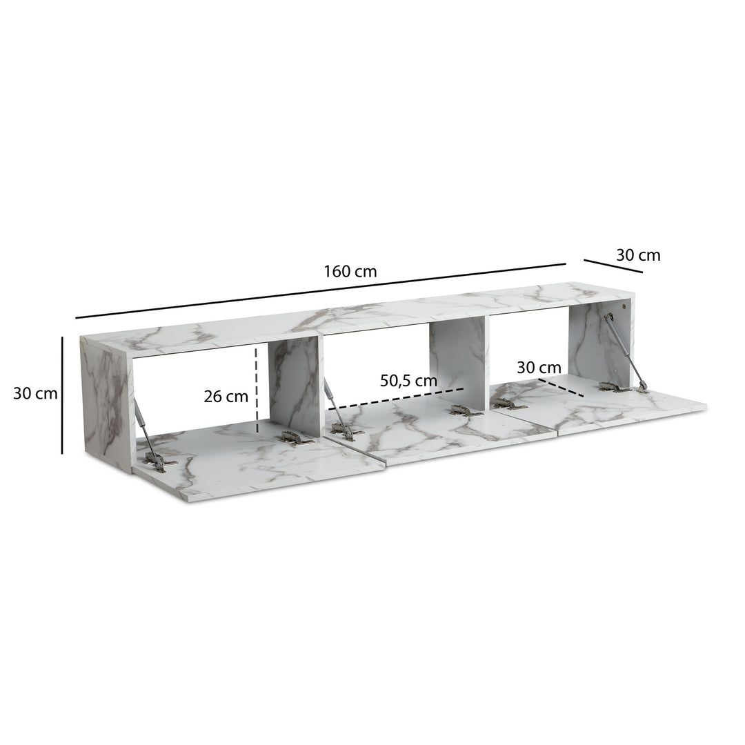 TV-Lowboard hängend groß, Marmor-Optik, Klapptüren, modern