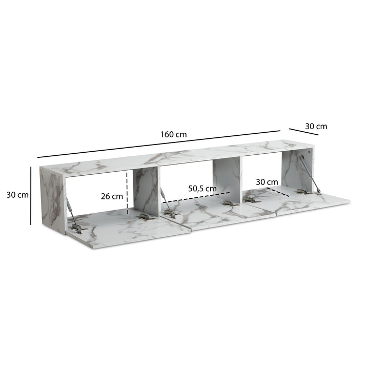 TV-Lowboard hängend groß, Marmor-Optik, Klapptüren, modern