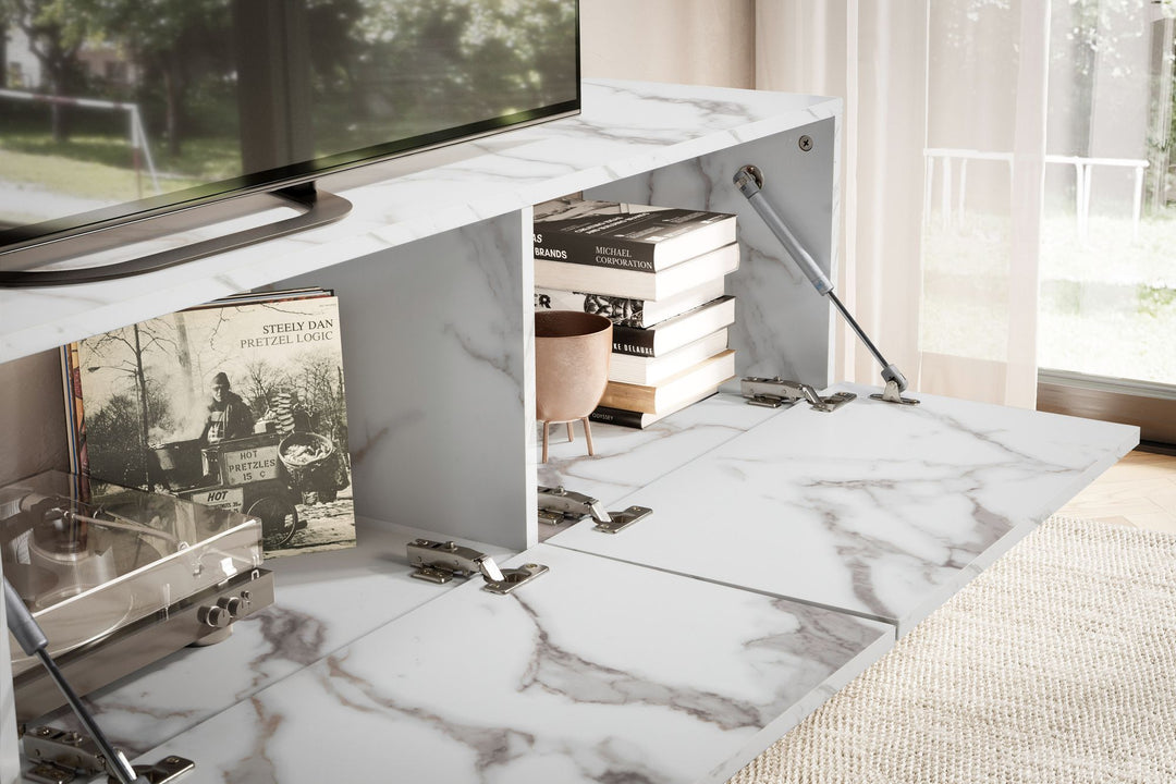 TV-Lowboard hängend groß, Marmor-Optik, Klapptüren, modern
