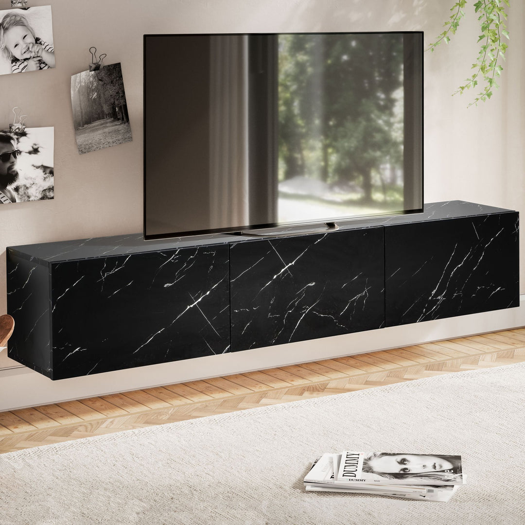 TV-Lowboard hängend groß, Marmor-Optik, Klapptüren, modern
