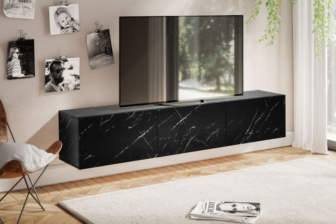 TV-Lowboard hängend groß, Marmor-Optik, Klapptüren, modern