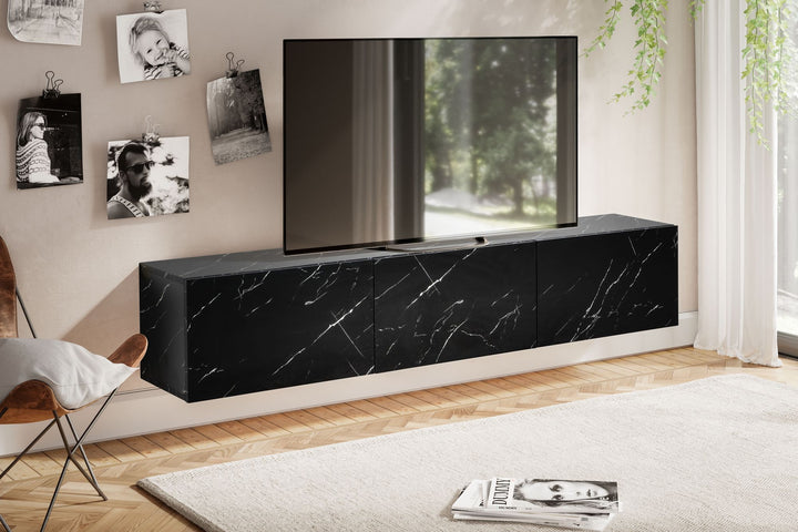 TV-Lowboard hängend groß, Marmor-Optik, Klapptüren, modern