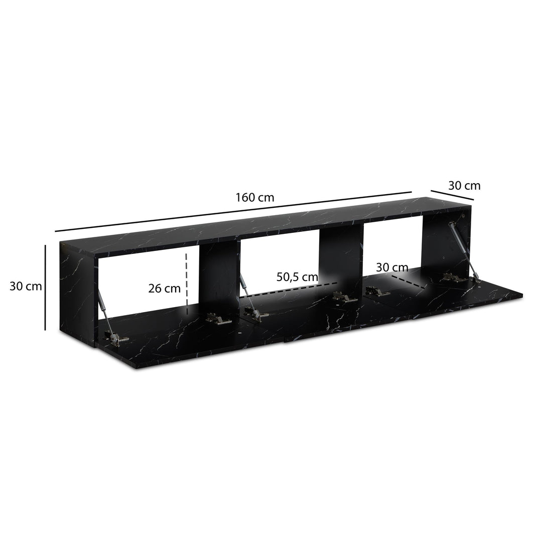 TV-Lowboard hängend groß, Marmor-Optik, Klapptüren, modern