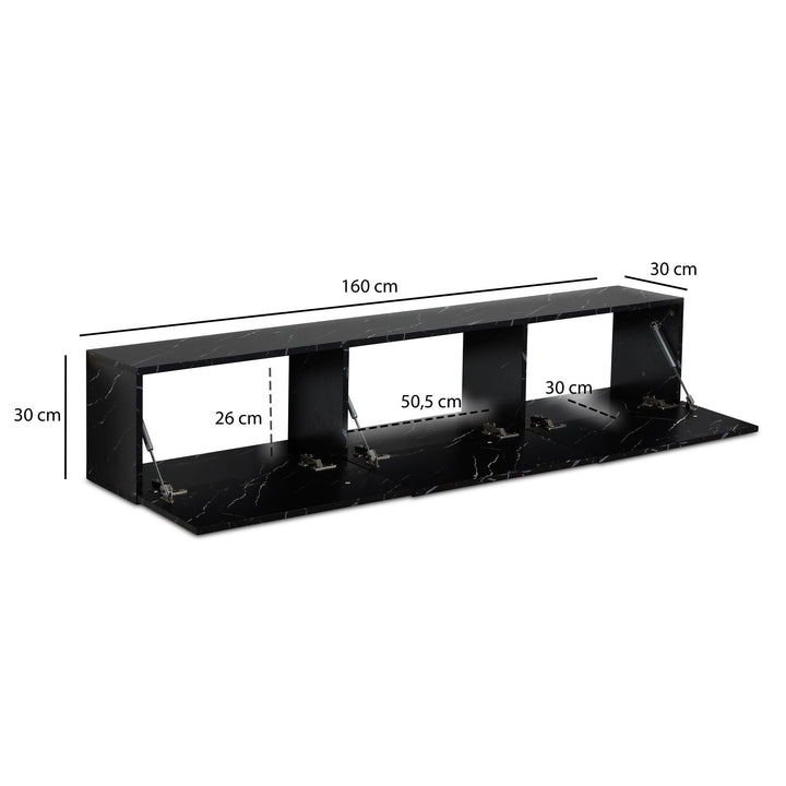 TV-Lowboard hängend groß, Marmor-Optik, Klapptüren, modern