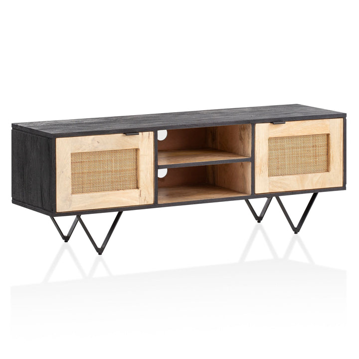 Lowboard Mango Massivholz Rattan Modern Stil 120x44x35 cm mit zwei Türen und Kabeldurchlass