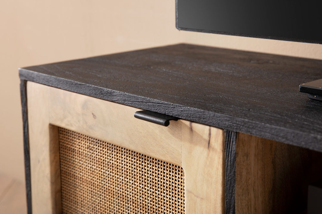 Lowboard Mango Massivholz / Rattan 120x44x35 cm TV-Kommode mit zwei Türen - Design TV-Schrank mit Kabeldurchlass - Fernsehtisch Fernsehschrank Modern - Fernsehkommode Wohnzimmer_