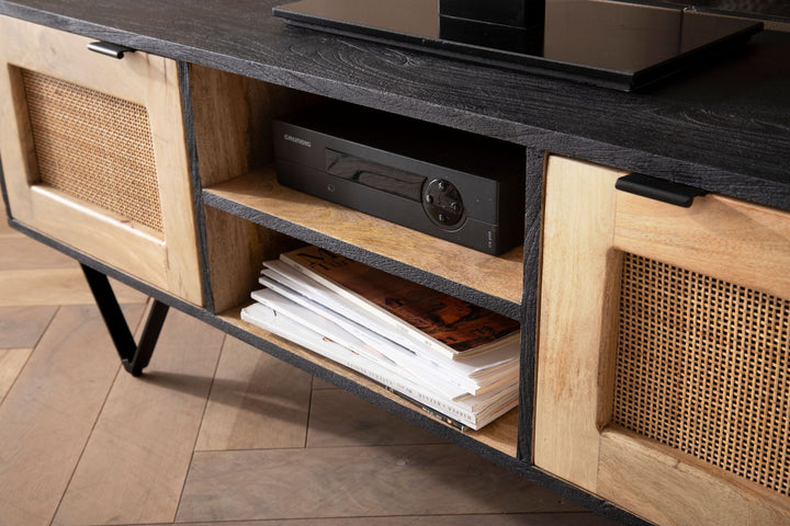 Lowboard Mango Massivholz / Rattan 120x44x35 cm TV-Kommode mit zwei Türen - Design TV-Schrank mit Kabeldurchlass - Fernsehtisch Fernsehschrank Modern - Fernsehkommode Wohnzimmer_