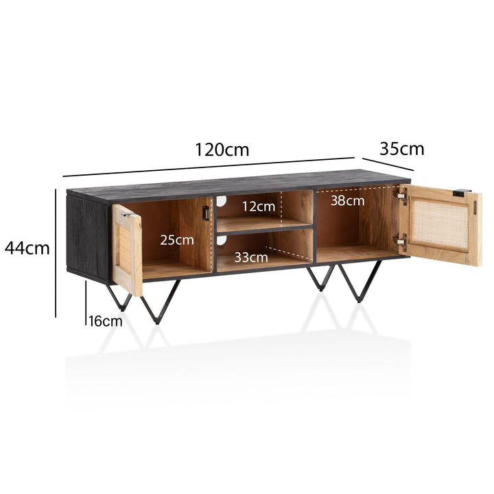 Lowboard Mango Massivholz Rattan Modern Stil 120x44x35 cm mit zwei Türen und Kabeldurchlass