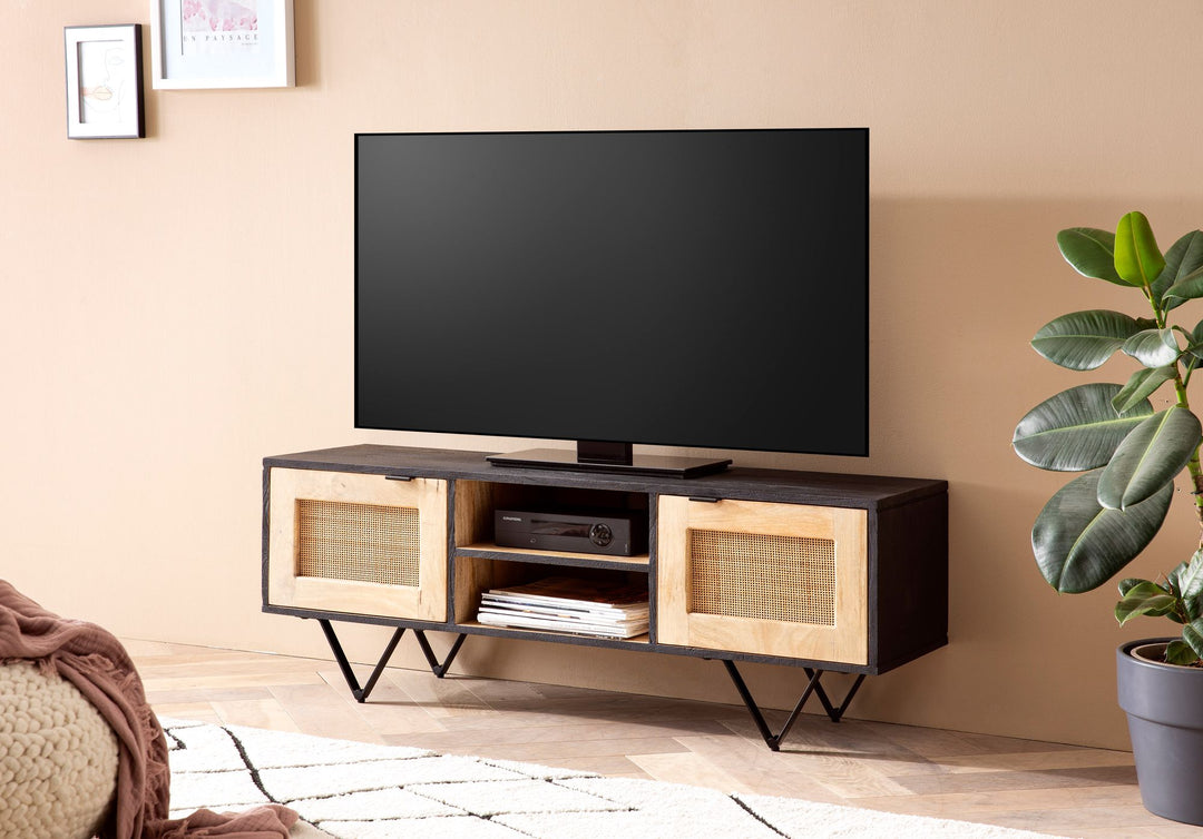 Lowboard Mango Massivholz / Rattan 120x44x35 cm TV-Kommode mit zwei Türen - Design TV-Schrank mit Kabeldurchlass - Fernsehtisch Fernsehschrank Modern - Fernsehkommode Wohnzimmer_