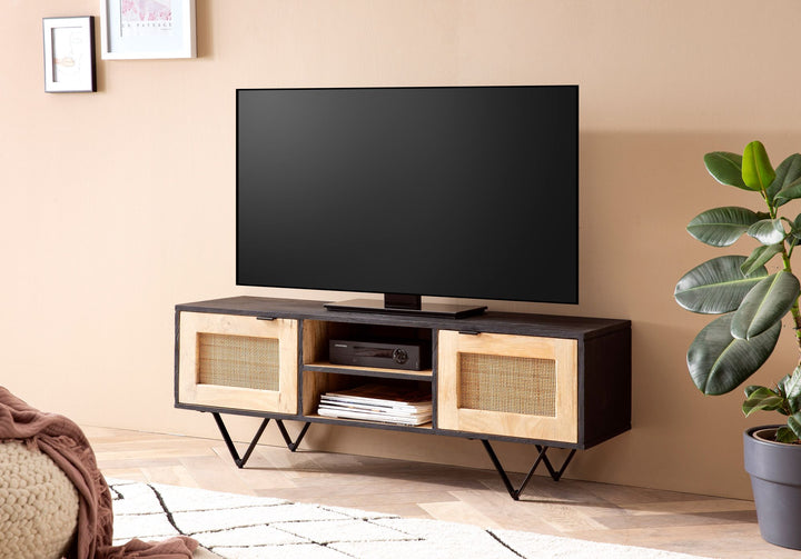Lowboard Mango Massivholz / Rattan 120x44x35 cm TV-Kommode mit zwei Türen - Design TV-Schrank mit Kabeldurchlass - Fernsehtisch Fernsehschrank Modern - Fernsehkommode Wohnzimmer_