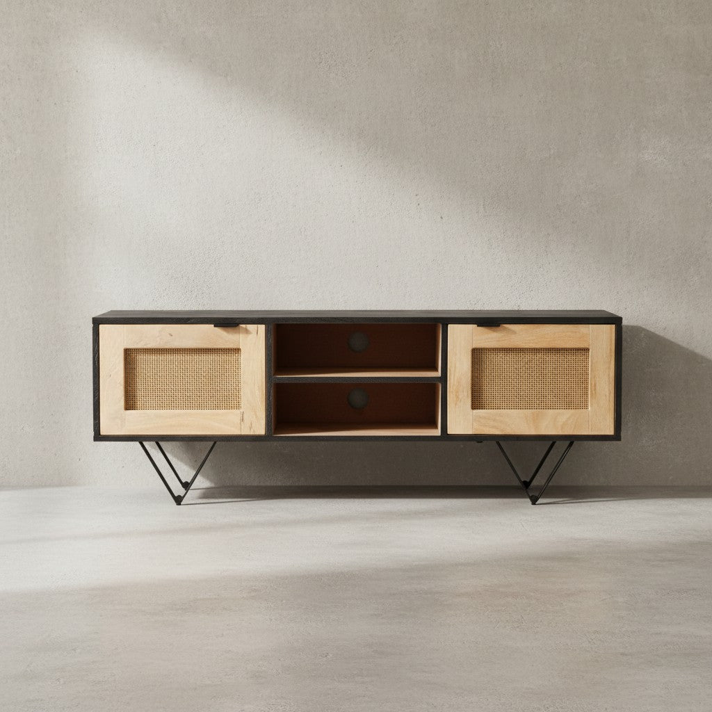 Lowboard Mango Massivholz / Rattan 120x44x35 cm TV-Kommode mit zwei Türen - Design TV-Schrank mit Kabeldurchlass - Fernsehtisch Fernsehschrank Modern - Fernsehkommode Wohnzimmer_