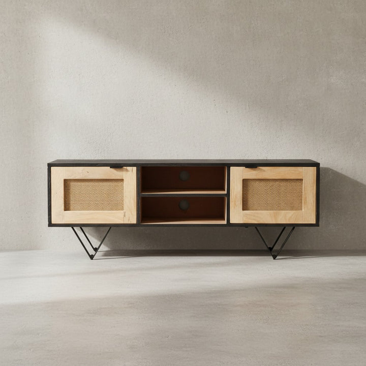 Lowboard Mango Massivholz / Rattan 120x44x35 cm TV-Kommode mit zwei Türen - Design TV-Schrank mit Kabeldurchlass - Fernsehtisch Fernsehschrank Modern - Fernsehkommode Wohnzimmer_