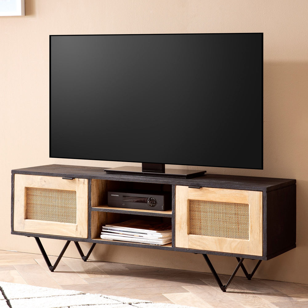 Lowboard Mango Massivholz / Rattan 120x44x35 cm TV-Kommode mit zwei Türen - Design TV-Schrank mit Kabeldurchlass - Fernsehtisch Fernsehschrank Modern - Fernsehkommode Wohnzimmer_