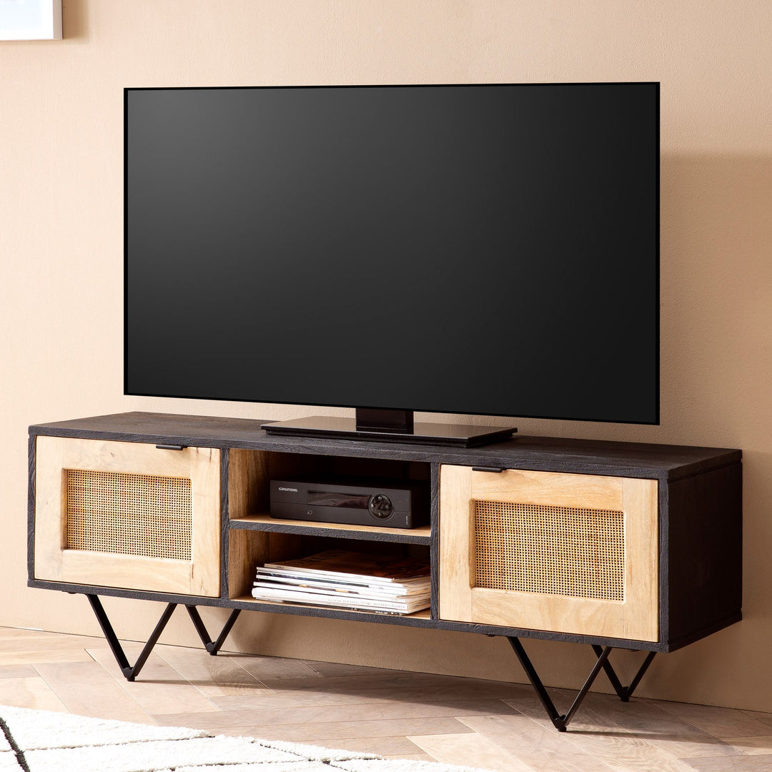 Lowboard Mango Massivholz / Rattan 120x44x35 cm TV-Kommode mit zwei Türen - Design TV-Schrank mit Kabeldurchlass - Fernsehtisch Fernsehschrank Modern - Fernsehkommode Wohnzimmer_