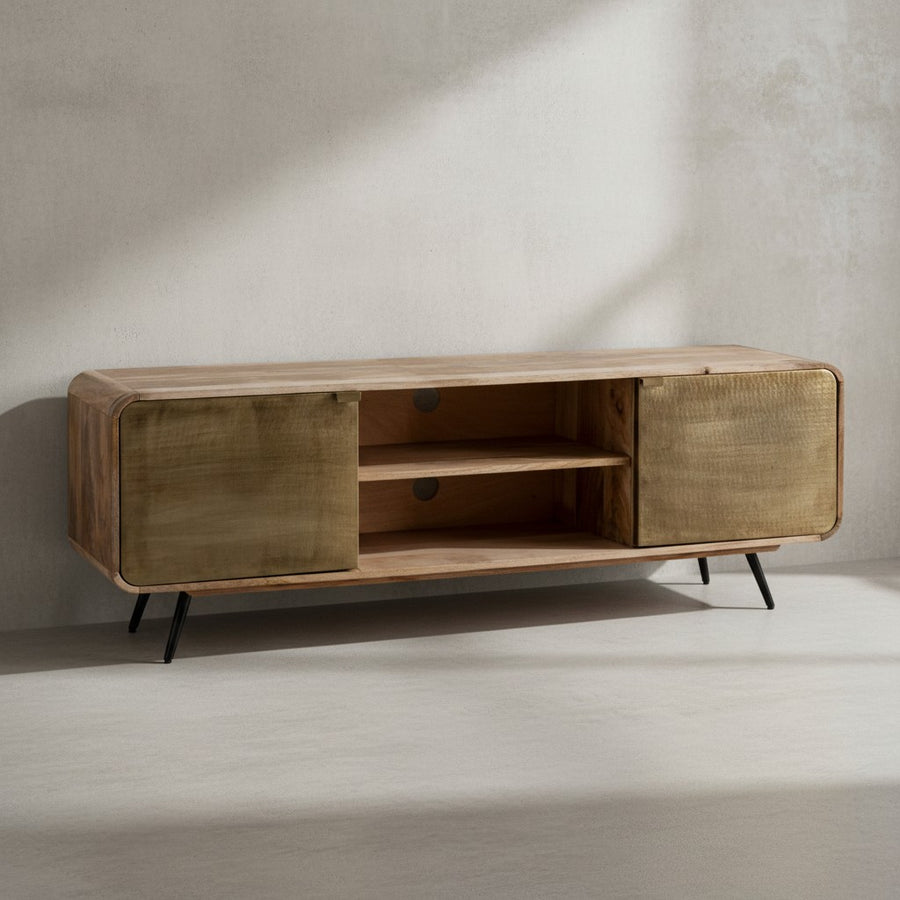 Lowboard Mango Massivholz 160x55x41 cm TV-Kommode mit zwei punzierten Türen - Design TV-Schrank Hoch - Fernsehtisch Fernsehschrank Modern - Fernsehkommode Wohnzimmer_