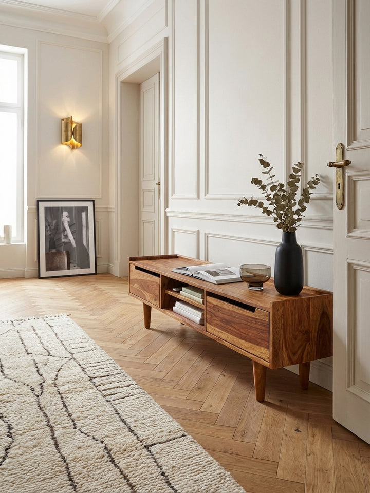 Draufsicht auf den 145 cm breiten Fernsehschrank aus Sheesham-Holz, der im Zentrum einer Wohnlandschaft mit Teppich und Sofa steht._