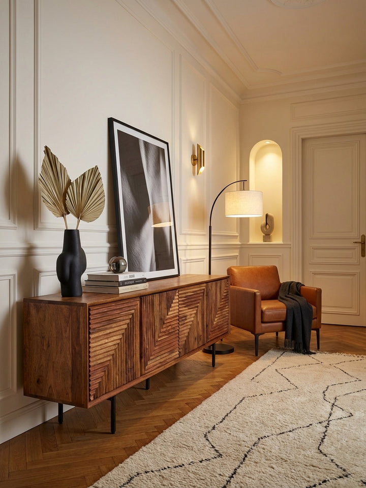 Design TV-Kommode aus Sheesham Massivholz, 140 cm breit, in einem hellen, modernen Wohnzimmer mit stilvoller Dekoration auf der Ablagefläche._
