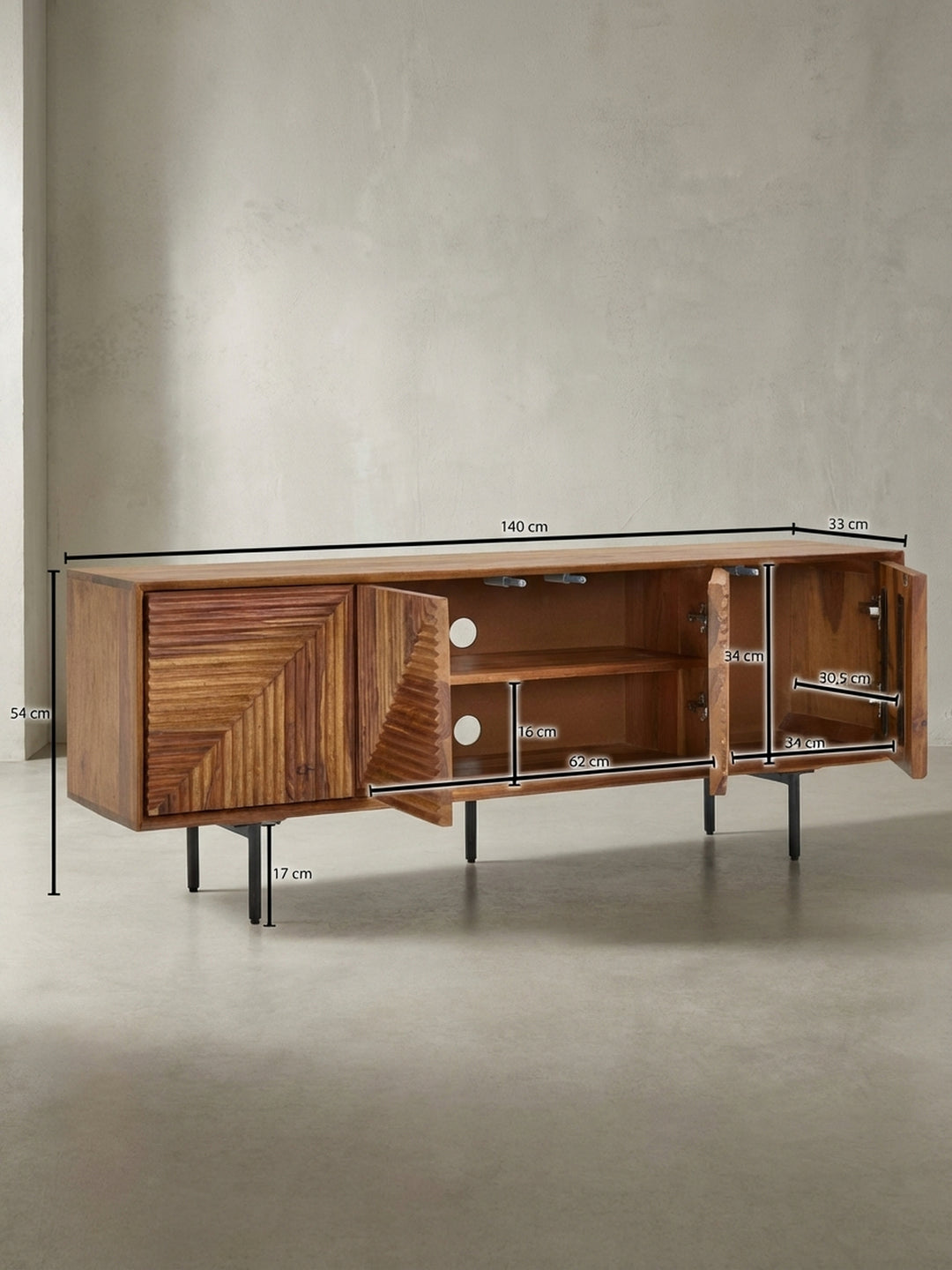 Technische Zeichnung des TV-Lowboards aus Sheesham mit exakten Maßen: Breite 140 cm, Höhe 54 cm, Tiefe 33 cm, inklusive Innenabmessungen._