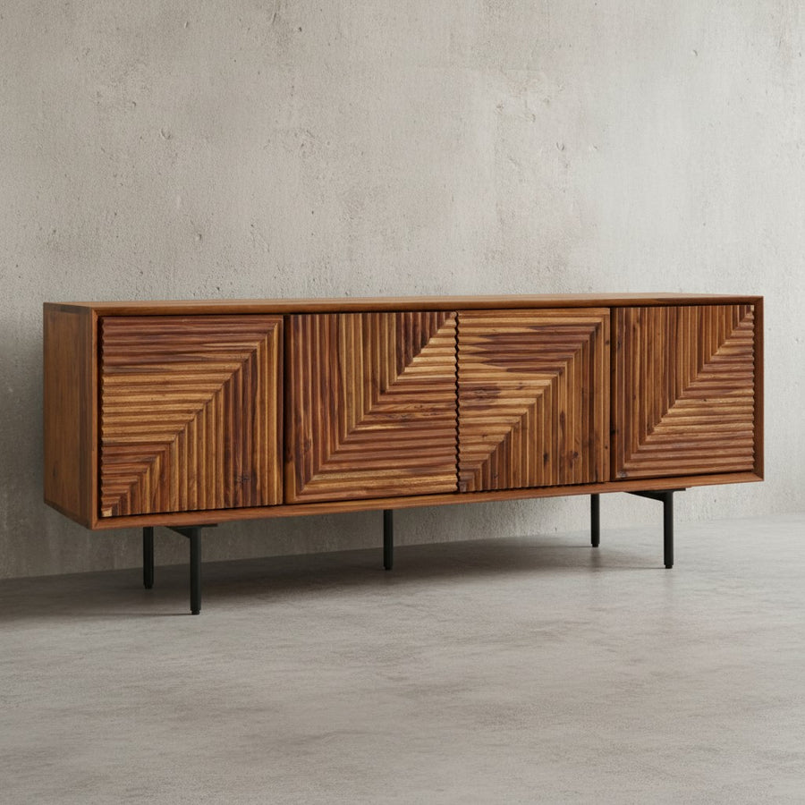 Lowboard &quot;Spectrum&quot;_ Sheesham Massivholz_ 3D-Oberfläche_ Stauraum_ Edelstahl-Gestell - KADIMA DESIGN_Größe_ 140x33x54 cm_
