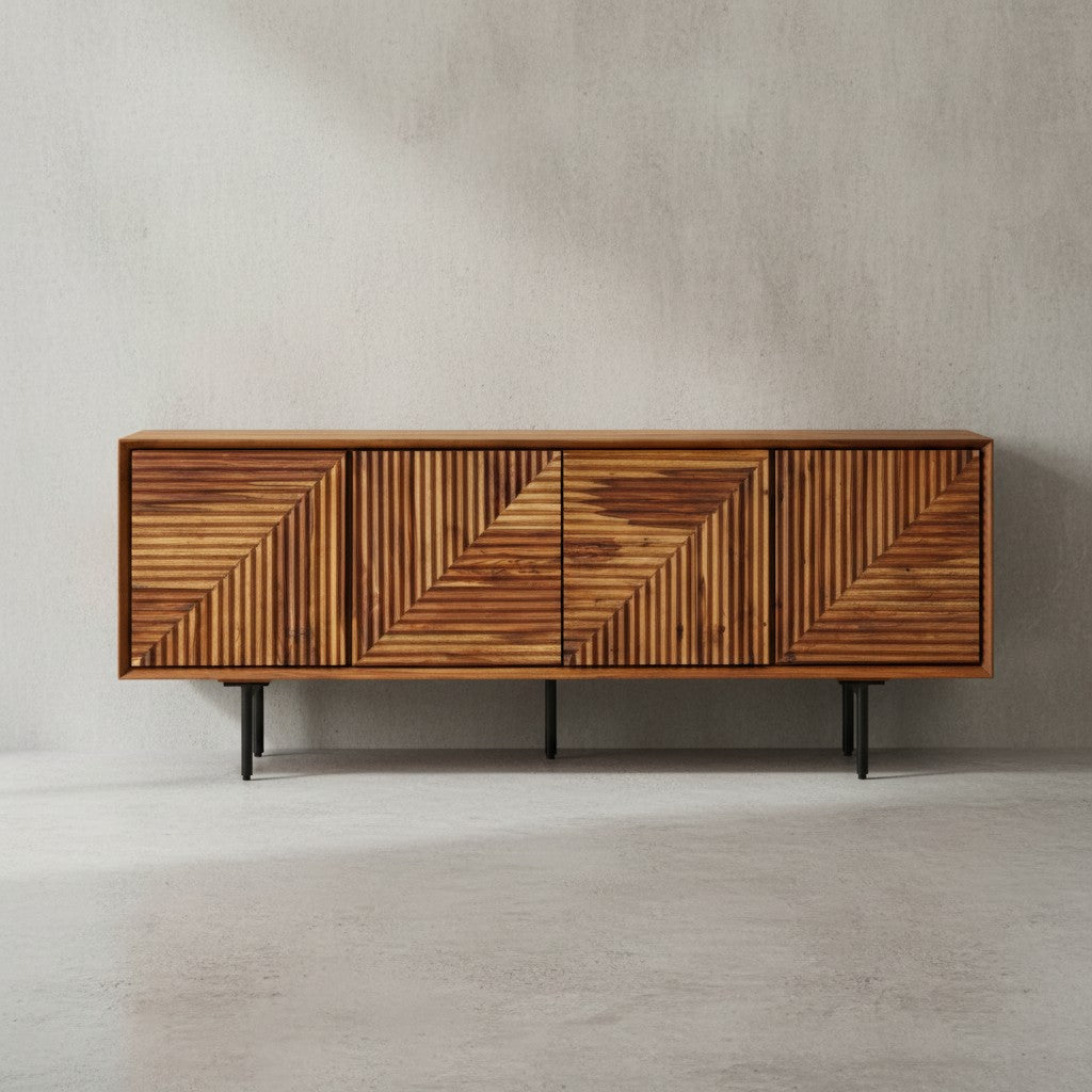 Lowboard &quot;Spectrum&quot;_ Sheesham Massivholz_ 3D-Oberfläche_ Stauraum_ Edelstahl-Gestell - KADIMA DESIGN_Größe_ 140x33x54 cm_