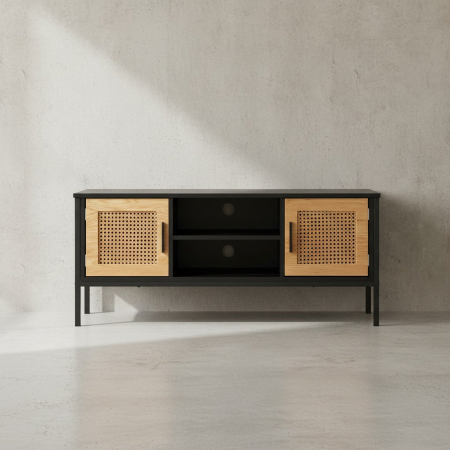 Lowboard Schwarz / Eiche mit Wiener Geflecht 110x48x40 cm TV-Kommode Zeitlos - Design TV-Schrank Hoch - Fernsehtisch Fernsehschrank mit Türen - Fernsehkommode Wohnzimmer Rattan_