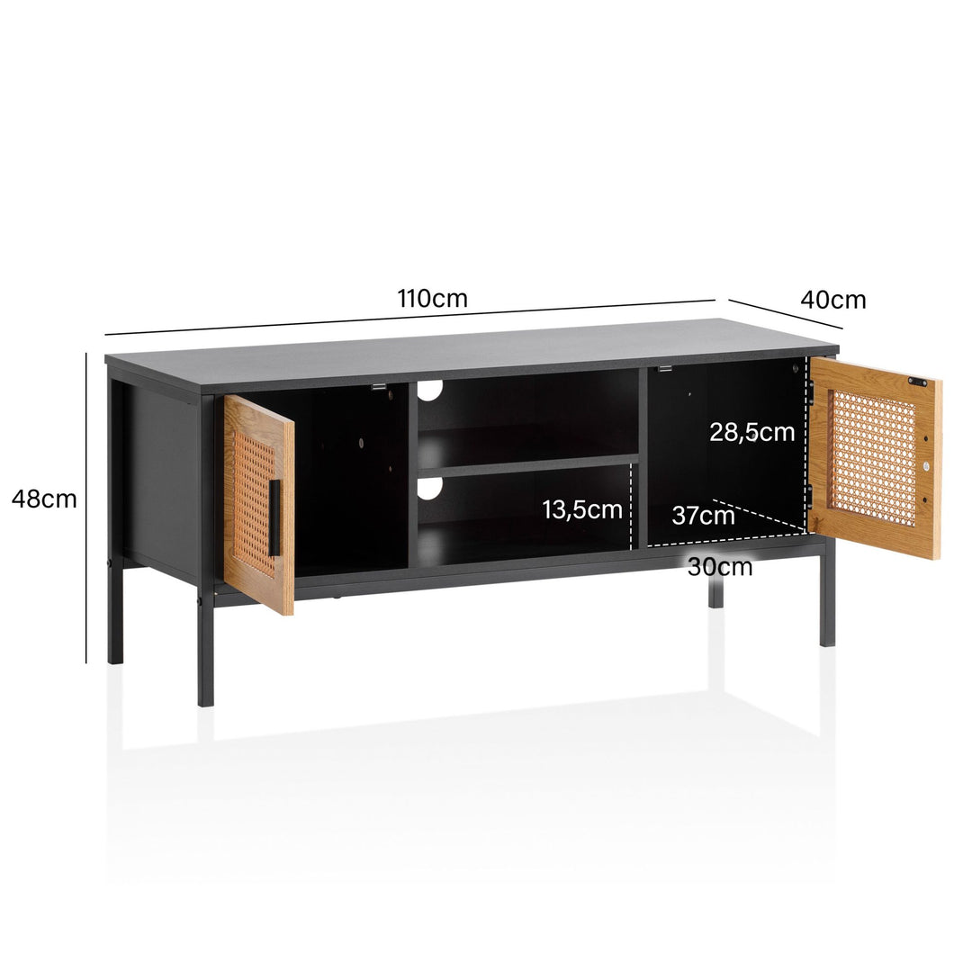 Lowboard Schwarz / Eiche mit Wiener Geflecht 110x48x40 cm TV-Kommode Zeitlos - Design TV-Schrank Hoch - Fernsehtisch Fernsehschrank mit Türen - Fernsehkommode Wohnzimmer Rattan_