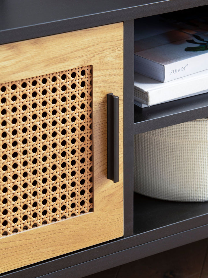 Lowboard Schwarz / Eiche mit Wiener Geflecht 110x48x40 cm TV-Kommode Zeitlos - Design TV-Schrank Hoch - Fernsehtisch Fernsehschrank mit Türen - Fernsehkommode Wohnzimmer Rattan_