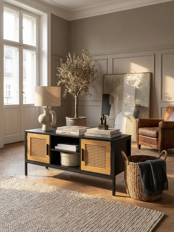 Detailaufnahme der texturierten Oberfläche aus Polyrattan im Wiener Geflecht-Stil, eingefasst in einen Rahmen in heller Eichenoptik._