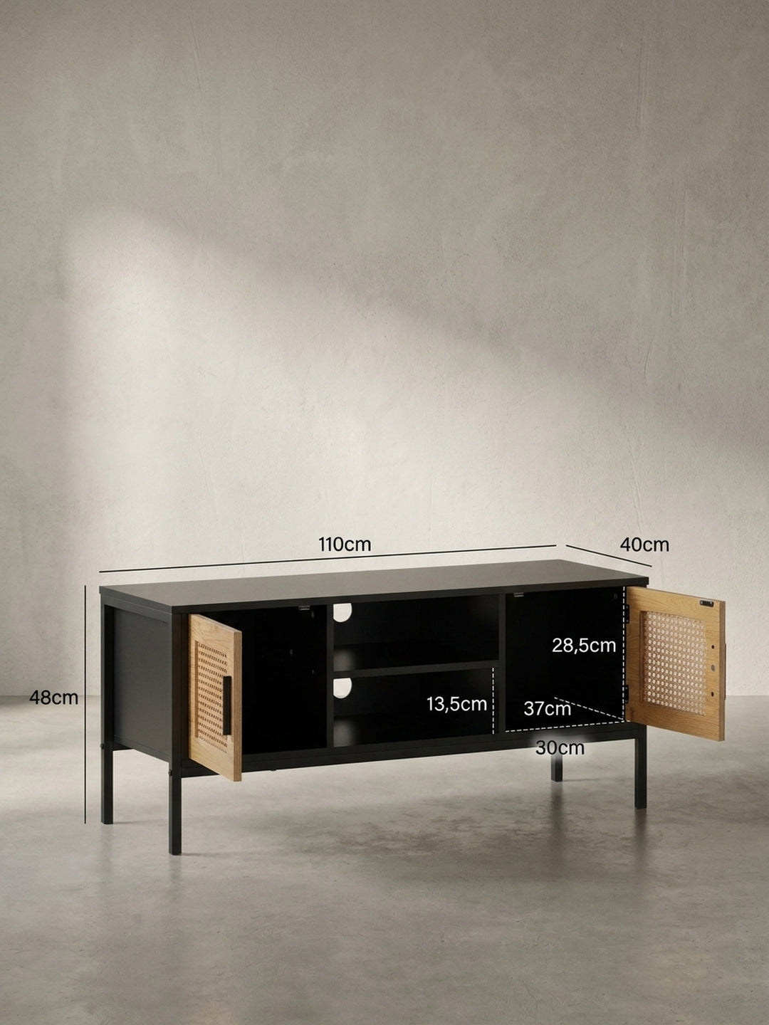 Technisches Maßbild des TV-Lowboards mit exakten Abmessungen: Breite 110 cm, Höhe 48 cm, Tiefe 40 cm für die perfekte Raumplanung._
