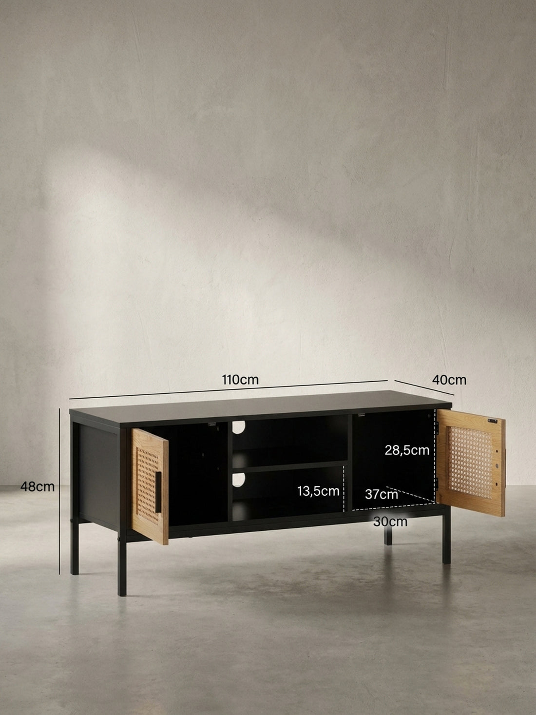 Maßzeichnung Lowboard Schwarz Eiche-Dekor Zeitloser Stil 110x48x40 cm mit Wiener Geflecht und Türen