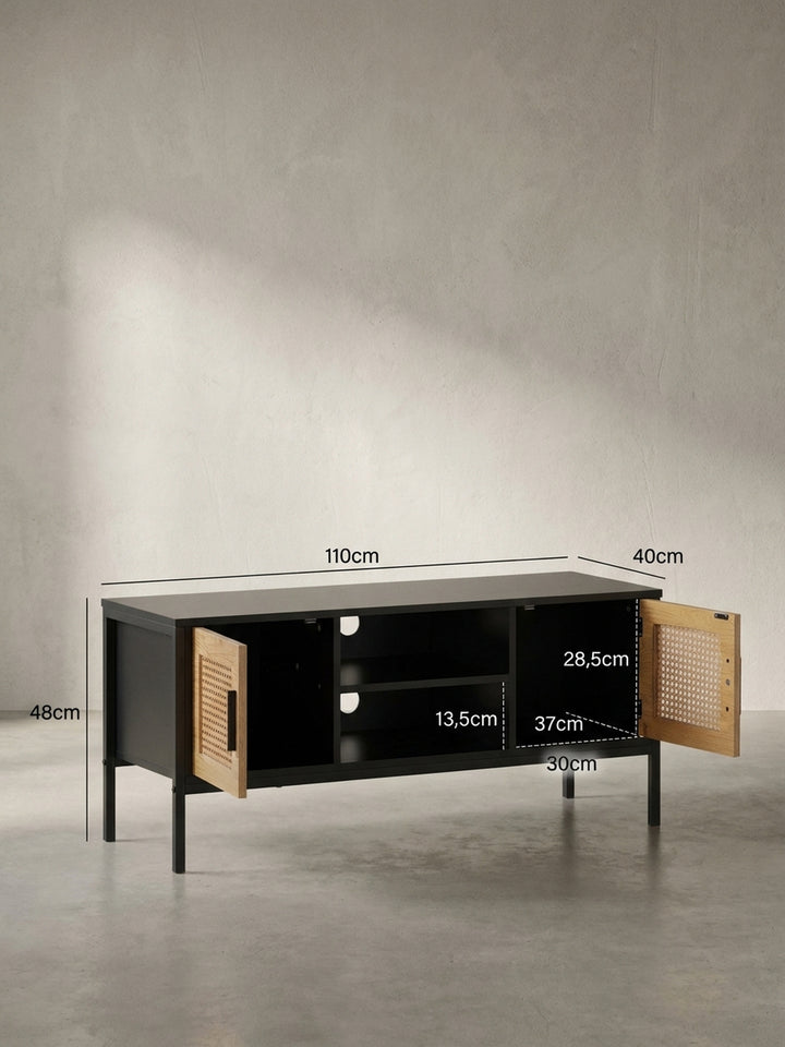 Technisches Maßbild des TV-Lowboards mit exakten Abmessungen: Breite 110 cm, Höhe 48 cm, Tiefe 40 cm für die perfekte Raumplanung._