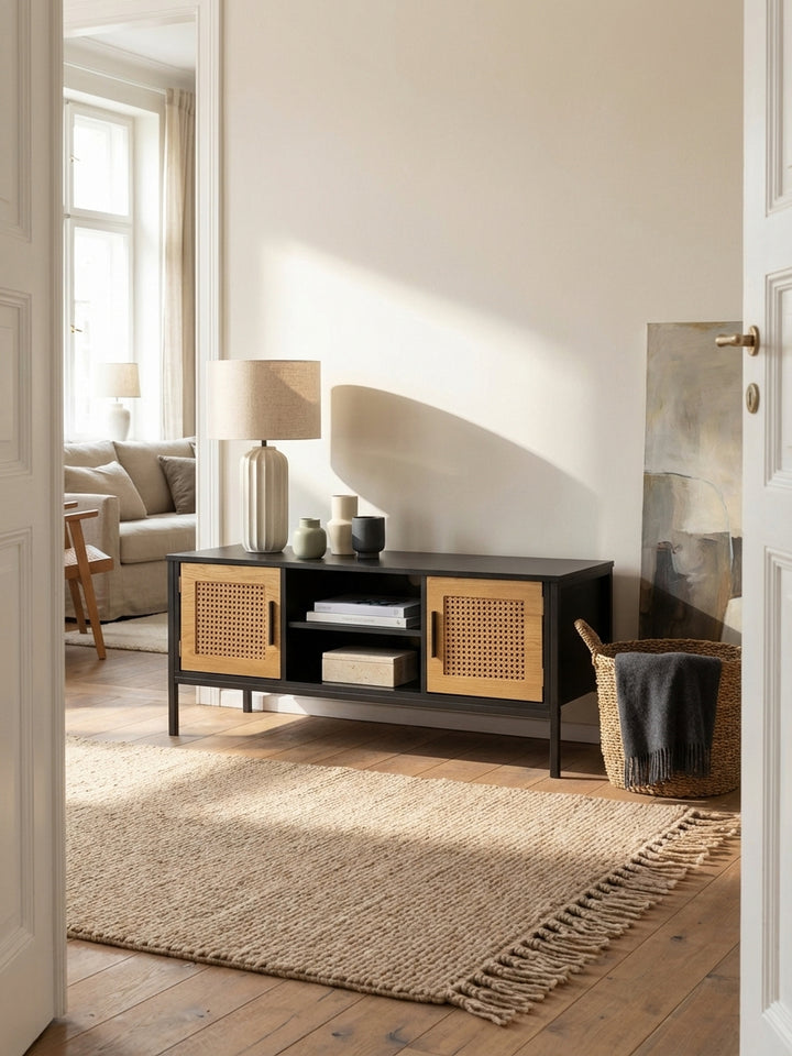 Schwarzes TV-Lowboard mit Eiche-Türen und Wiener Geflecht in einem hellen Wohnzimmer mit Sandfarbenem Wollteppich und bequemen Sofa._