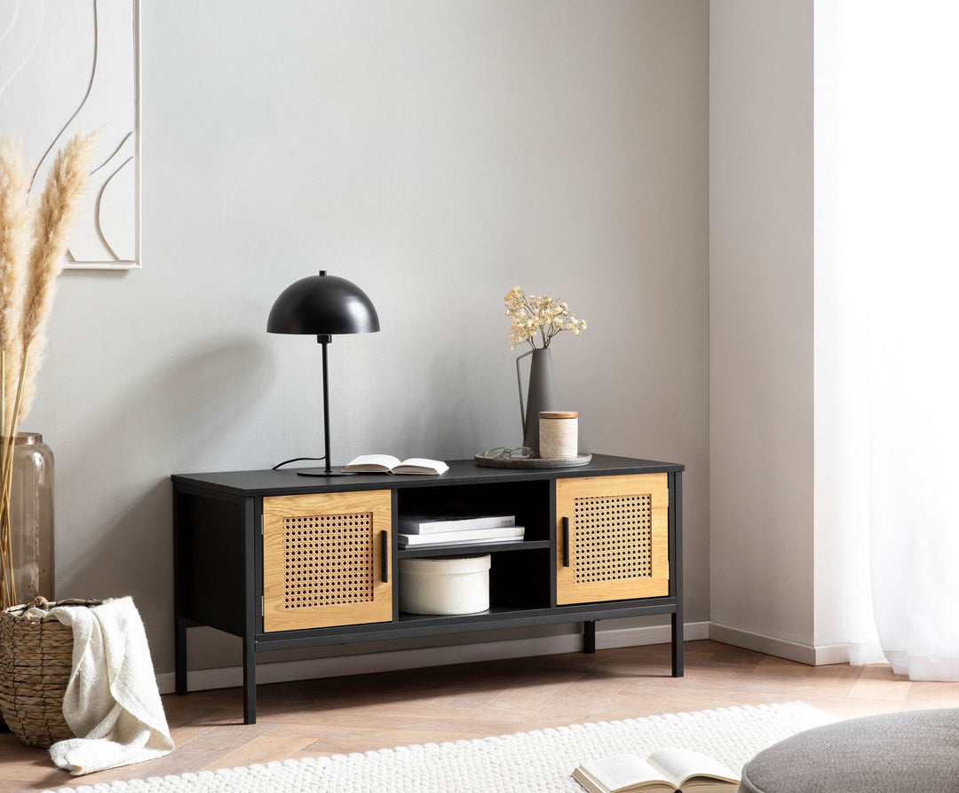 Lowboard Schwarz / Eiche mit Wiener Geflecht 110x48x40 cm TV-Kommode Zeitlos - Design TV-Schrank Hoch - Fernsehtisch Fernsehschrank mit Türen - Fernsehkommode Wohnzimmer Rattan_
