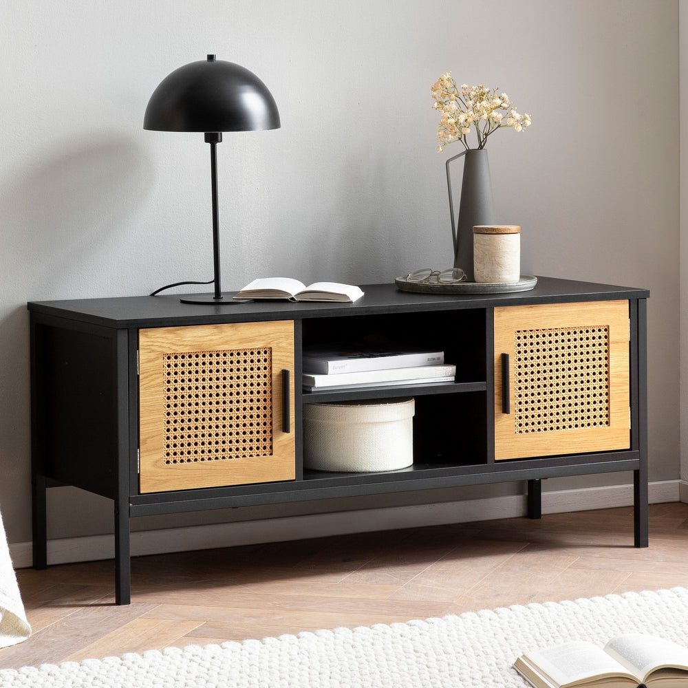 Lowboard Schwarz / Eiche mit Wiener Geflecht 110x48x40 cm TV-Kommode Zeitlos - Design TV-Schrank Hoch - Fernsehtisch Fernsehschrank mit Türen - Fernsehkommode Wohnzimmer Rattan_