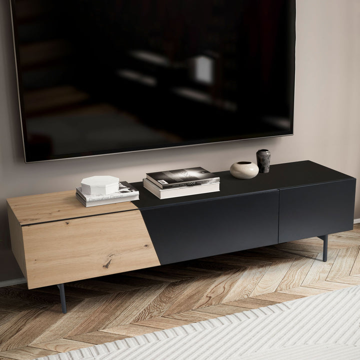 Lowboard Schwarz mit Eiche-Dekor 150x40x40 cm TV-Kommode Modern - Design TV-Schrank Niedrig - Fernsehtisch Fernsehschrank mit Türen &amp;amp; Schublade - Fernsehkommode Wohnzimmer_