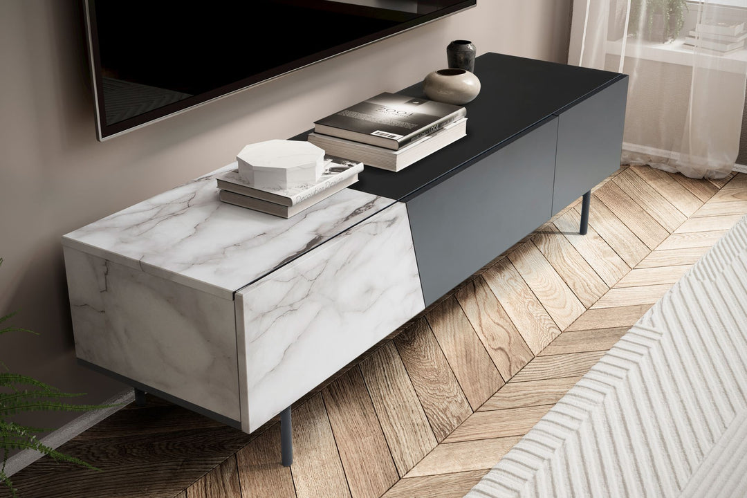 Lowboard Schwarz mit Eiche-Dekor 150x40x40 cm TV-Kommode Modern - Design TV-Schrank Niedrig - Fernsehtisch Fernsehschrank mit Türen &amp; Schublade - Fernsehkommode Wohnzimmer_