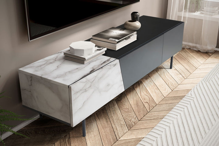 Lowboard Schwarz mit Eiche-Dekor 150x40x40 cm TV-Kommode Modern - Design TV-Schrank Niedrig - Fernsehtisch Fernsehschrank mit Türen &amp;amp; Schublade - Fernsehkommode Wohnzimmer_