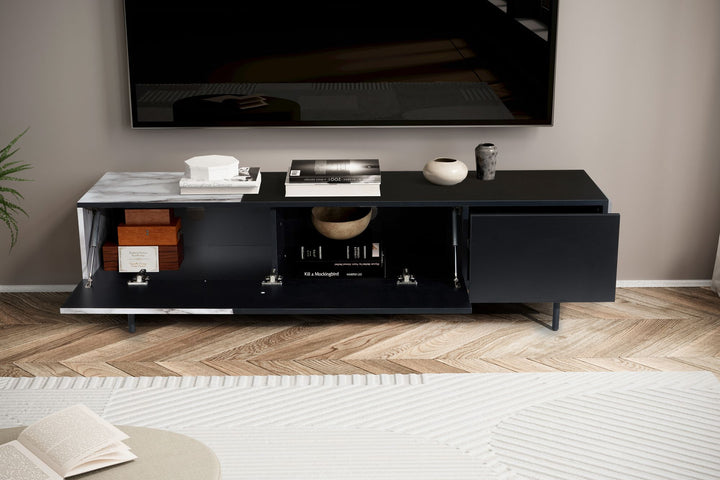 Lowboard Schwarz mit Eiche-Dekor 150x40x40 cm TV-Kommode Modern - Design TV-Schrank Niedrig - Fernsehtisch Fernsehschrank mit Türen &amp;amp; Schublade - Fernsehkommode Wohnzimmer_