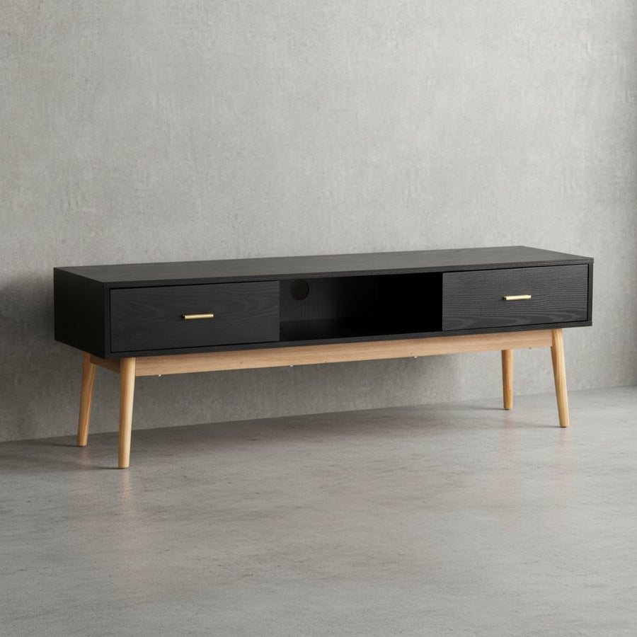 Lowboard Schwarz mit Eiche-Dekor 150x50x40 cm TV-Kommode Modern - Design TV-Schrank Hoch - Fernsehtisch Fernsehschrank mit Schubladen &amp; Ablagefach - Fernsehkommode Wohnzimmer_
