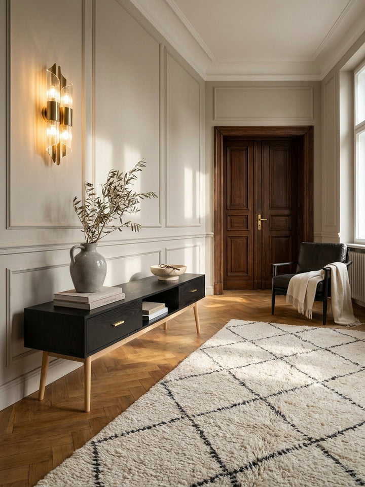 Schwarzes TV-Lowboard mit Massivholzbeinen im eleganten Wohnzimmer vor einer greige gestrichenen Wandpaneele auf hellem Eichenparkett._