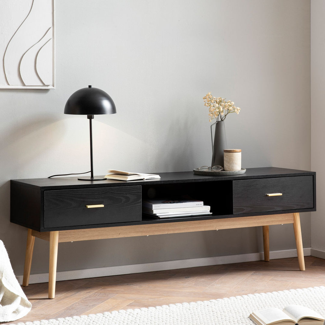 Lowboard Schwarz Eiche-Dekor Modern Stil 150x50x40 cm mit Schubladen und Ablagefach