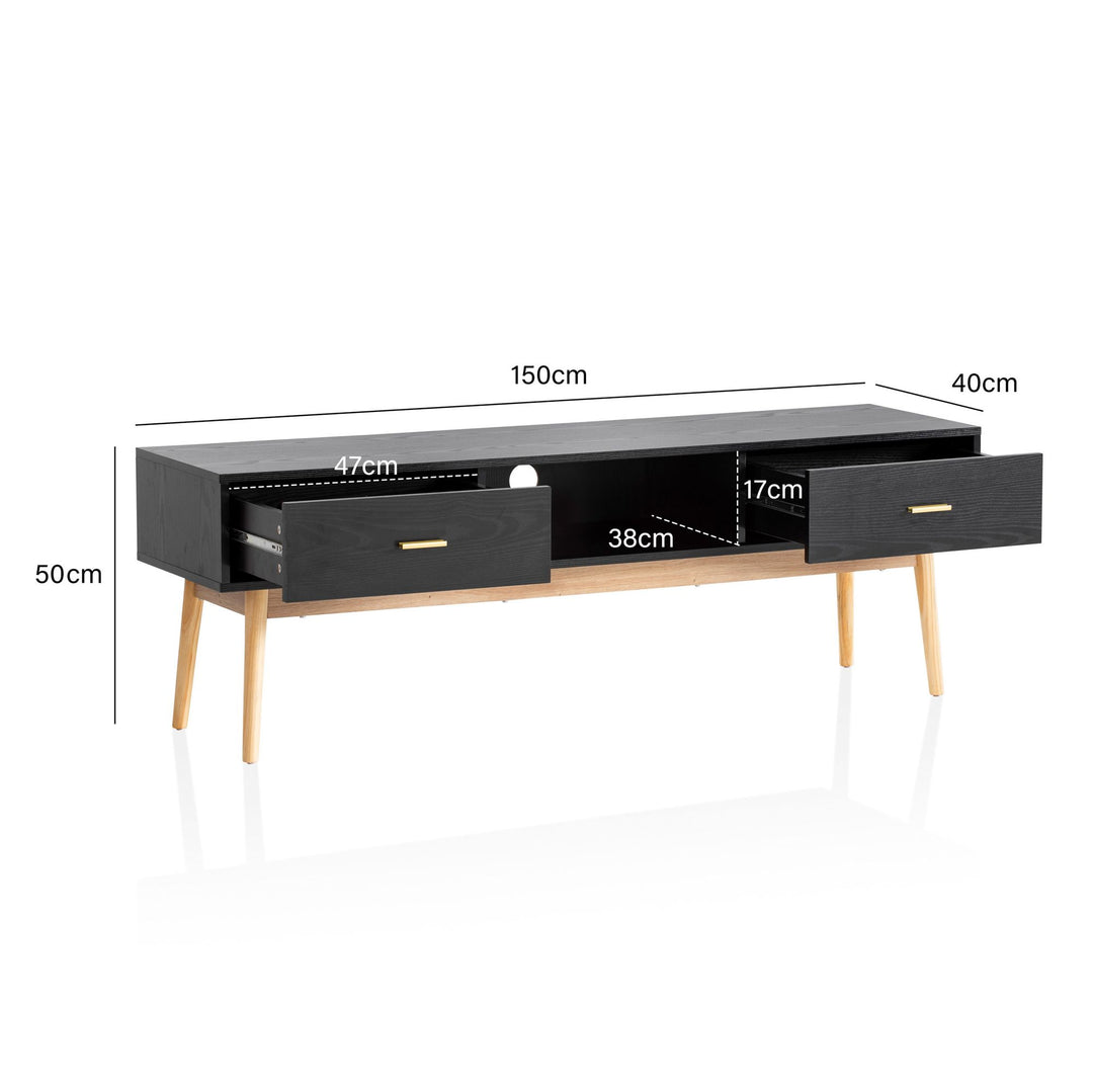 Lowboard Schwarz Eiche-Dekor Modern Stil 150x50x40 cm mit Schubladen und Ablagefach
