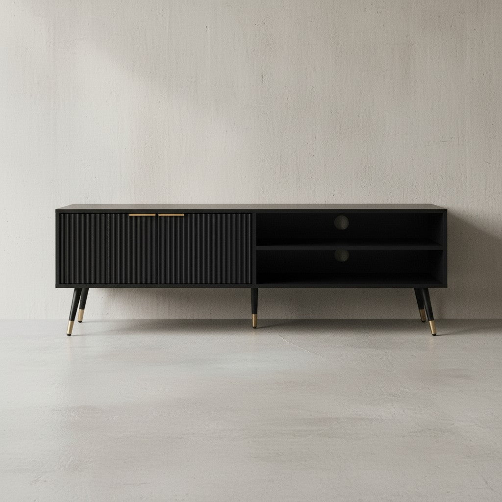 Lowboard Schwarz mit Eiche-Dekor 150x51x39 cm TV-Kommode Modern - Design TV-Schrank Hoch - Fernsehtisch Fernsehschrank mit Türen &amp; Ablagefächern - Fernsehkommode Wohnzimmer_