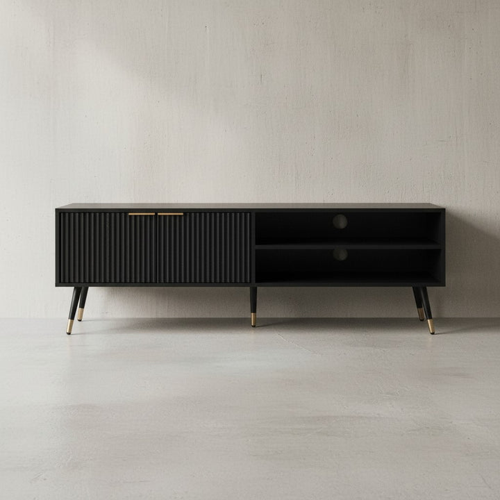 Lowboard Schwarz mit Eiche-Dekor 150x51x39 cm TV-Kommode Modern - Design TV-Schrank Hoch - Fernsehtisch Fernsehschrank mit Türen &amp;amp; Ablagefächern - Fernsehkommode Wohnzimmer_